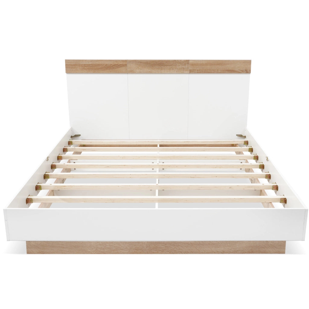 Letto matrimoniale 140x200 cm sospeso con rete a doghe; legno bianco e rovere sonoma