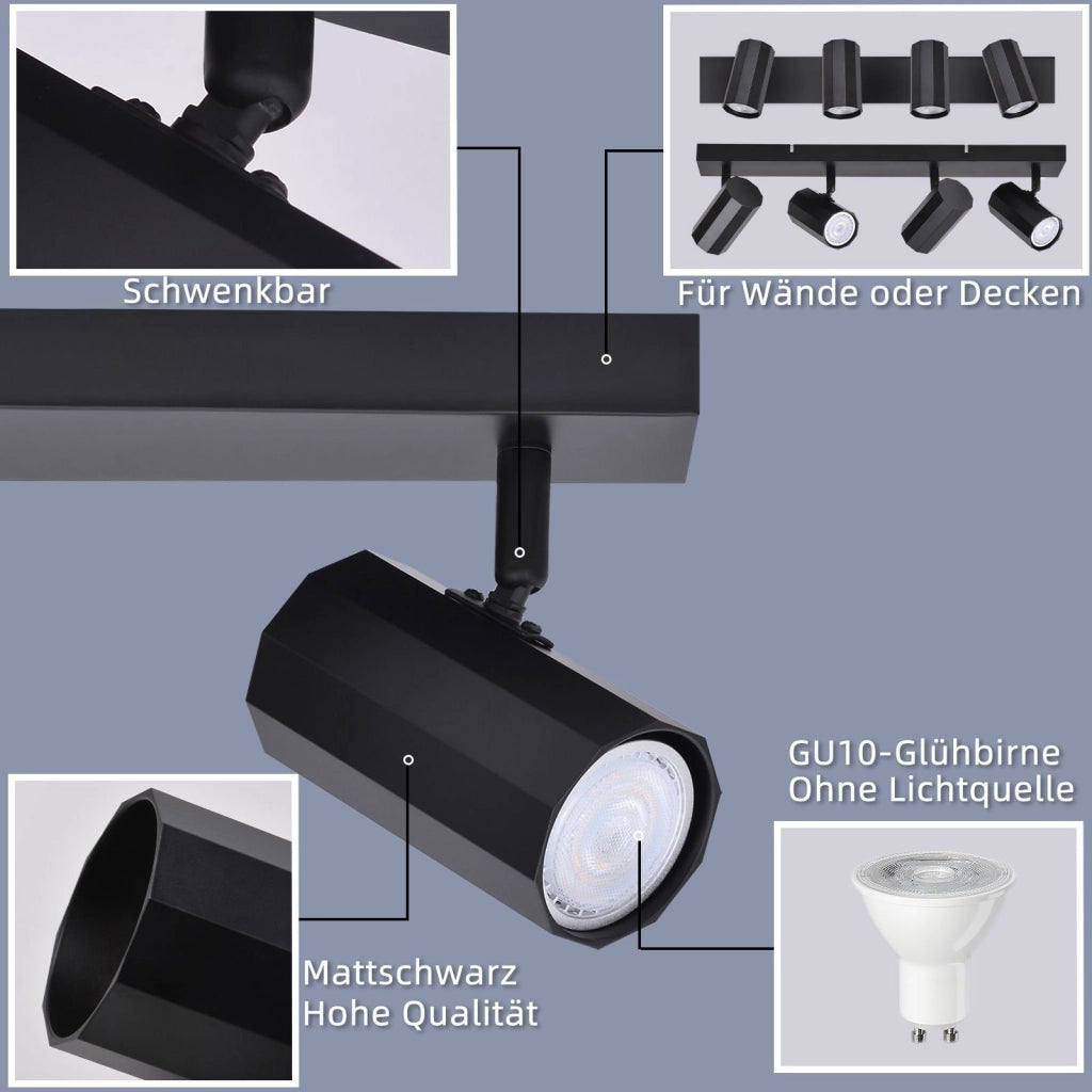 ZMH Faretto da soffitto neri 4 luci GU10 orientabili 350° stile retrò metallo max 25W senza lampadina