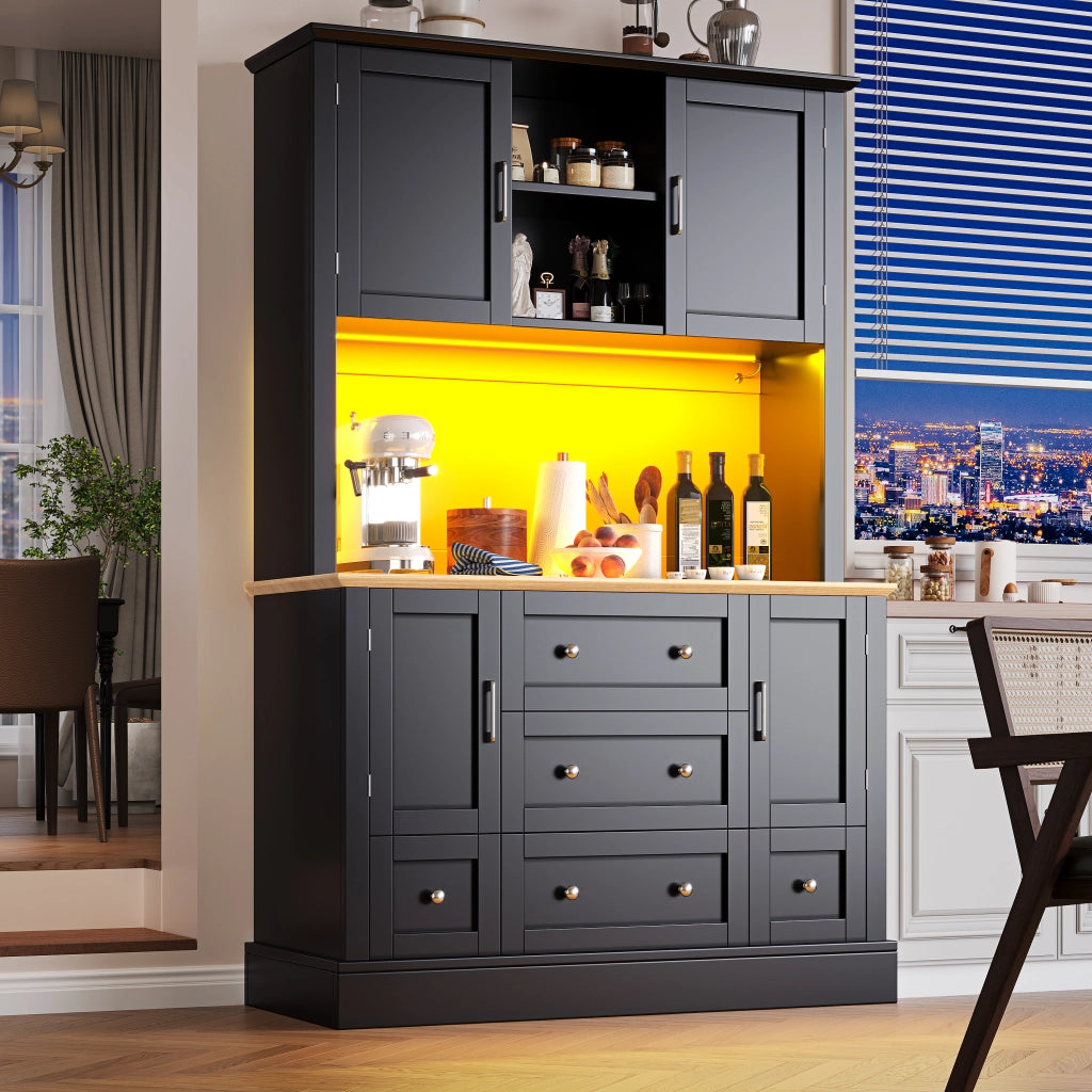 Vetrina da Cucina Alta con 3 Cassetti e LED; Design Moderno; per Cucina o Soggiorno; in MDF; Nero e Naturale; 115x40x180 cm
