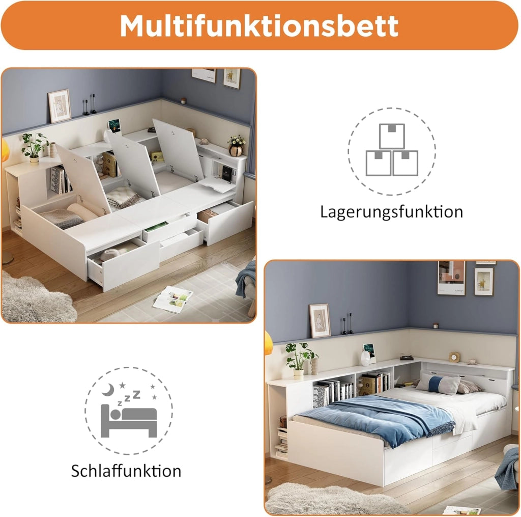Letto Singolo 90x200 cm con Contenitore Cassetti e Libreria, Letto Multifunzionale per Bambini con Vano Portaoggetti e Rete a Doghe in Legno, Rete con 3 Contenitore, Bianco, Senza Materasso