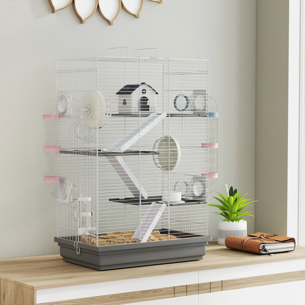 Gabbia per Criceti a 4 Livelli 47x30x70 cm e 16 Tubi con Casetta Rampa e Accessori in Metallo e Plastica Grigio