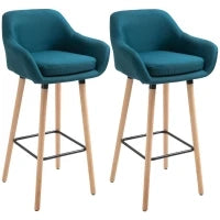 Set di 2 Sgabelli da Bar con Poggiapiedi e Braccioli, Design Scandinavo, in Legno Massiccio e Lino, Blu