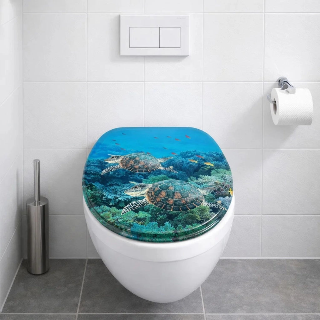 Sedile wc copri vater universale frizionato fantasia in mdf chiusura rallentata *** fantasia tartaruga marina, confez...