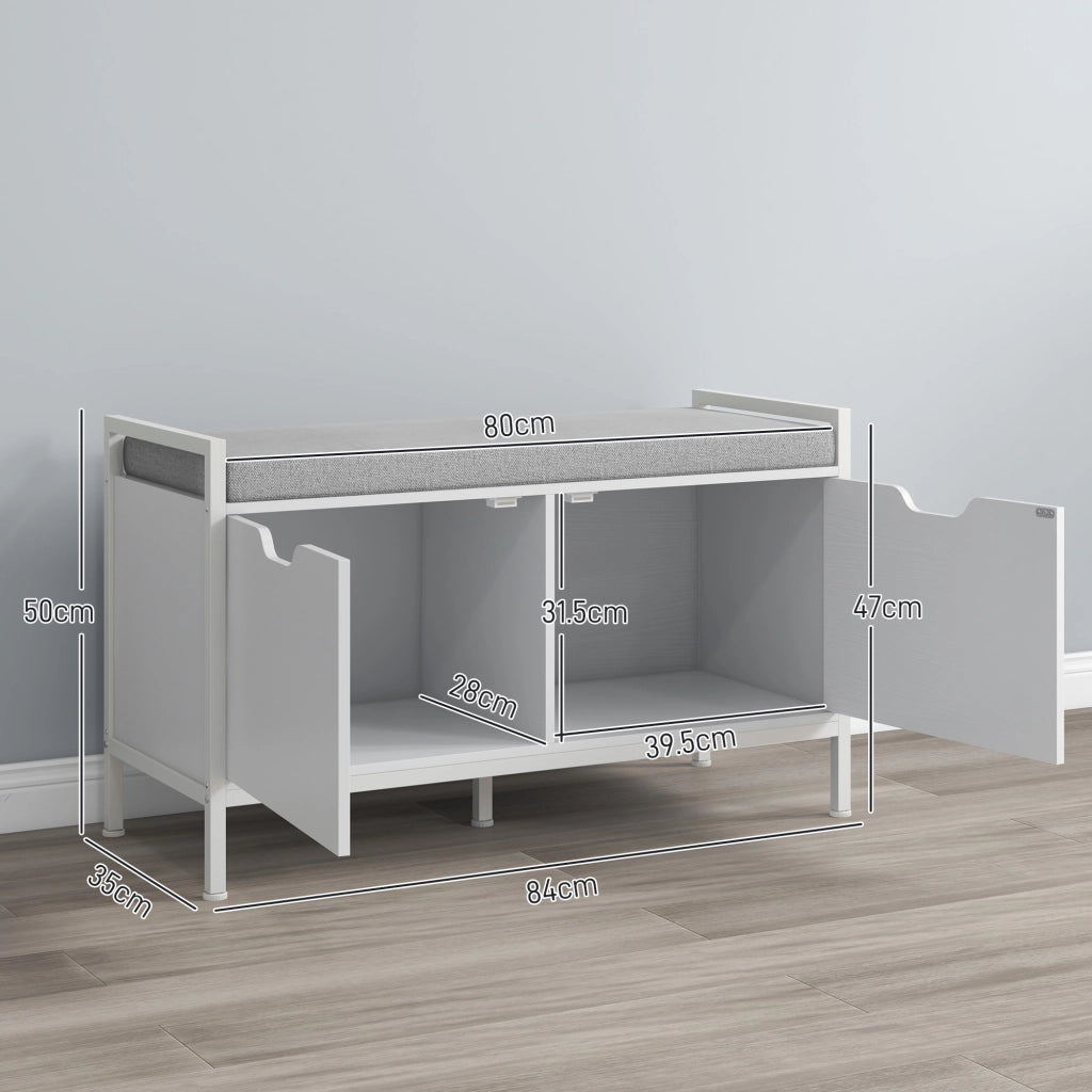 Panca Scarpiera a 2 Armadietti con Cuscino, in Tessuto Effetto Lino, Legno e Acciaio, 84x35x50 cm, Bianco