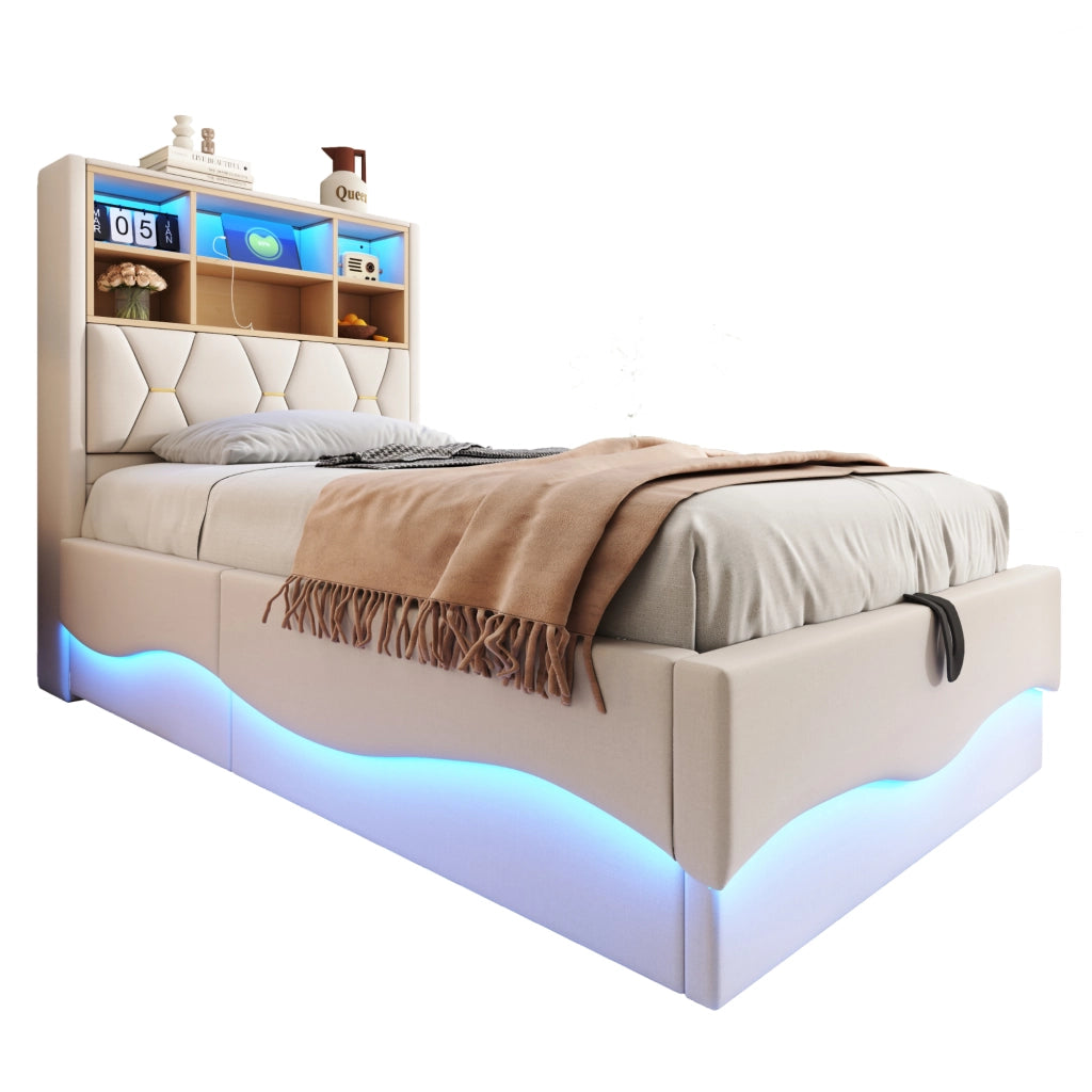 Letto contenitore singolo 90×200 cm con LED; USB e rete sollevabile; senza materasso; ferro; beige