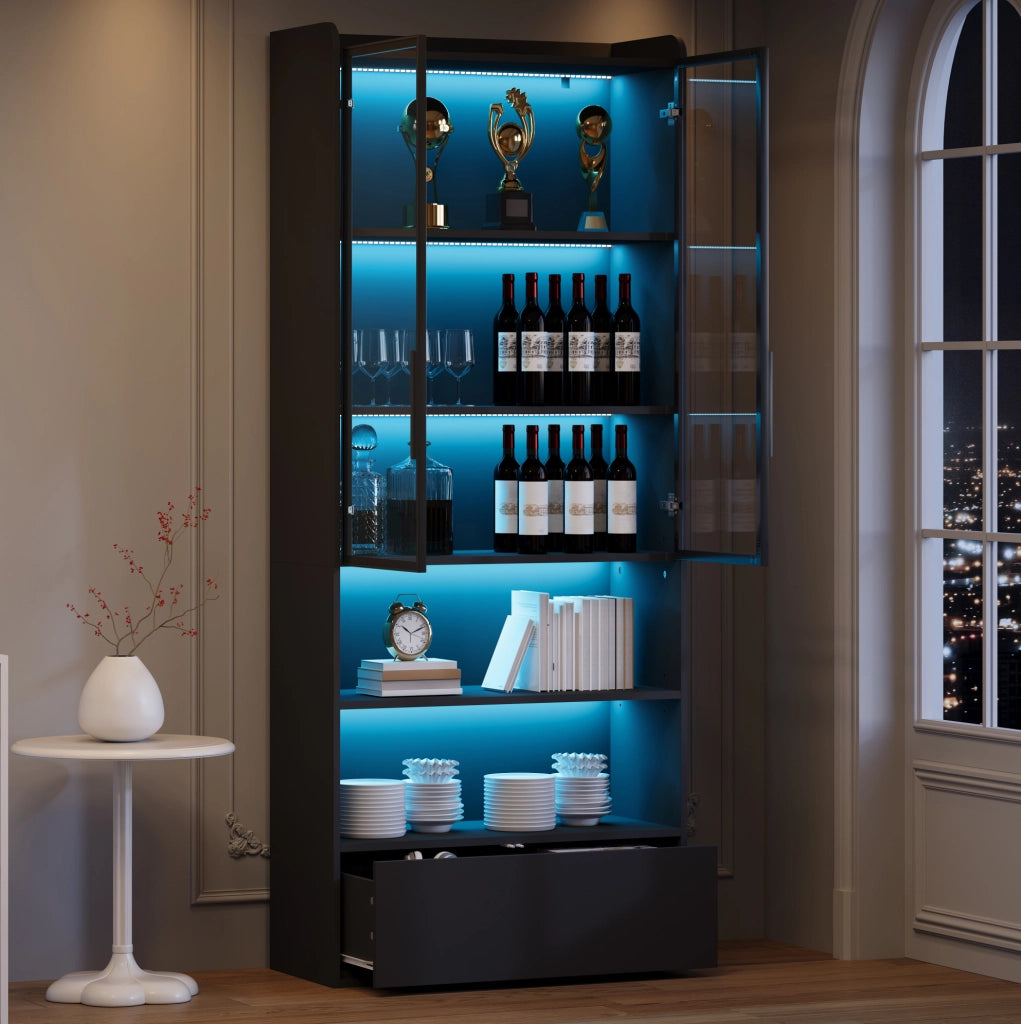 Vetrina alta 80 x 34 x 180 cm con LED; 1 cassetto; ante in vetro; nero