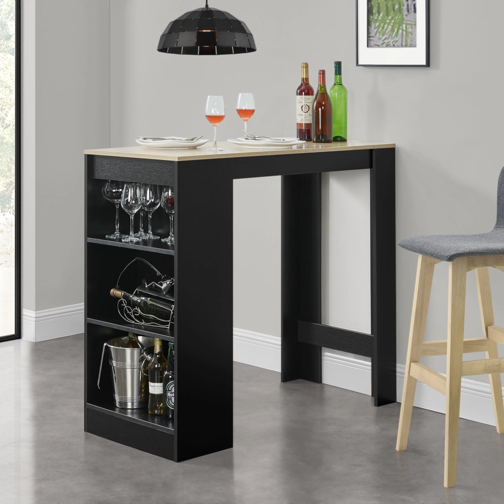 Bancone Tavolo Alto da Bar Kouvola con 3 Scomparti Aperti 110x50x103 cm - Nero/Effetto Rovere [en.casa]