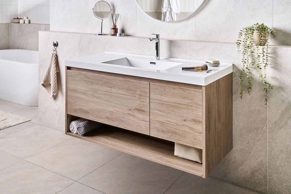 Mobile bagno sospeso con lavabo 1 cassetto frontale e 2 ripiani 120 x 50 cm marrone chiaro