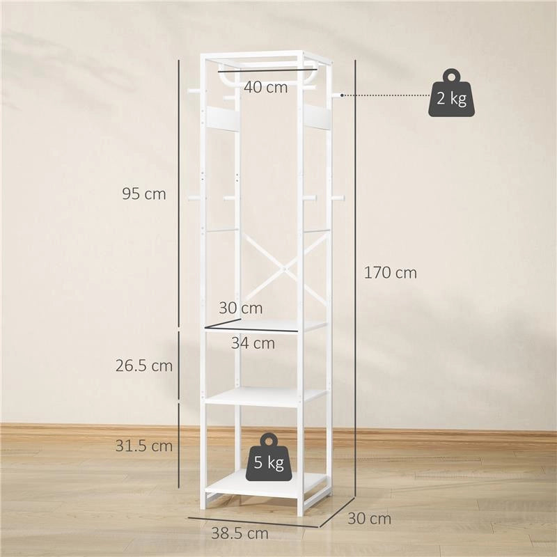 APPENDIABITI DA TERRA CON ASTA E 2 RIPIANI APERTI IN LEGNO E ACCIAIO 38.5X30X170 CM BIANCO E COLOR LEGNO
