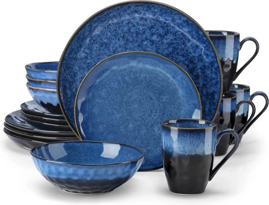 Set di Piatti 6 Persone in Porcellana Bianco e Blu Stellato 16 pezzi