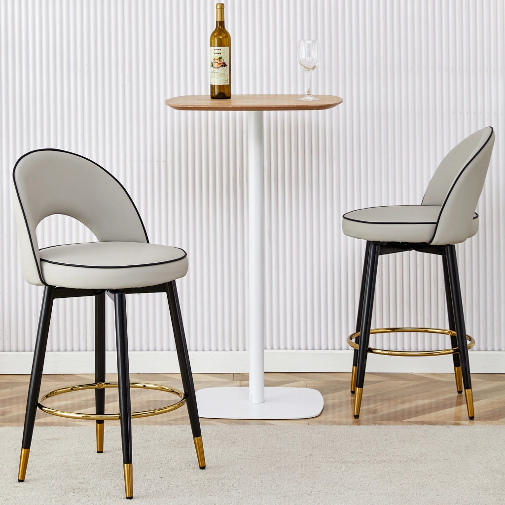 Sgabello da bar girevole a 360° con schienale traforato e gambe in metallo, con dettagli oro in PU grigio e bianco