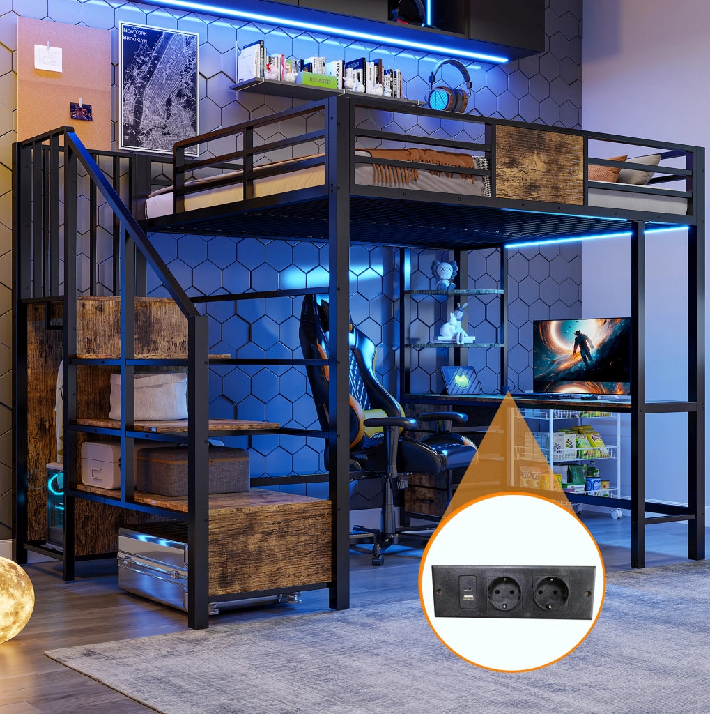 Letto a soppalco 140x200 cm in metallo con scrivania; ripiani; asta appendiabiti; LED e presa; nero