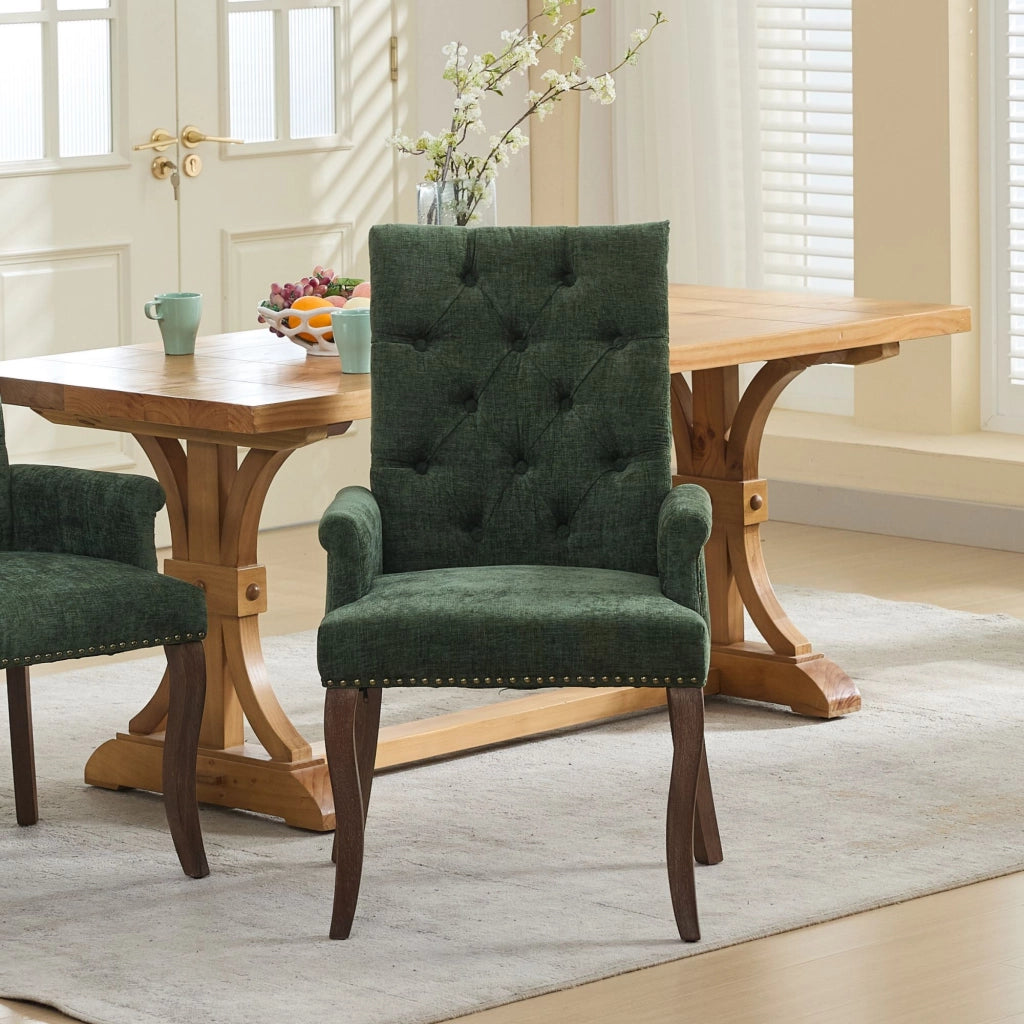 Sedia da pranzo, venduta singolarmente, tessuto chenille, gambe in legno massello, con braccioli, verde oliva
