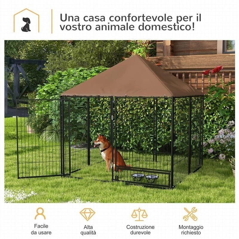 RECINTO PER CANI IN METALLO E TESSUTO OXFORD CON PORTICINA PER CIOTOLE, 141X141X151 CM, NERO E MARRONE