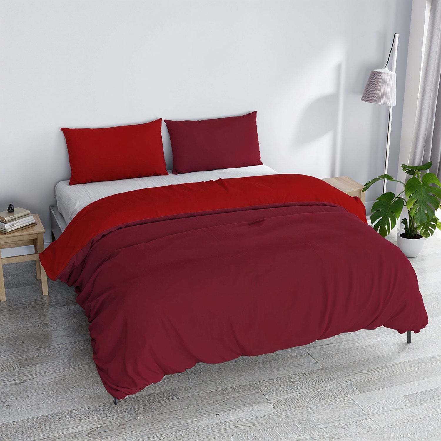 Copripiumino Singolo con Sacco e Federe in Tinta Unita Double Face Linea Vera Bordeaux e Rosso