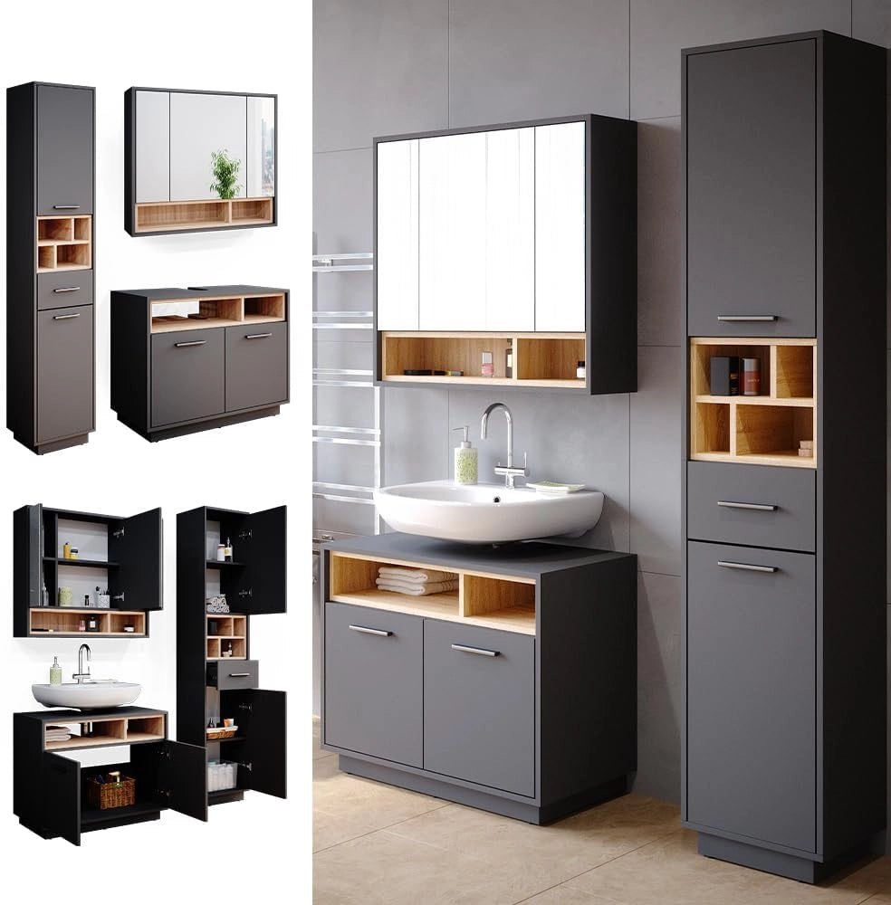 Set mobili bagno Beatrice, Antracite, 80 cm, composto da mobile sottolavabo, specchiera e colonna alta