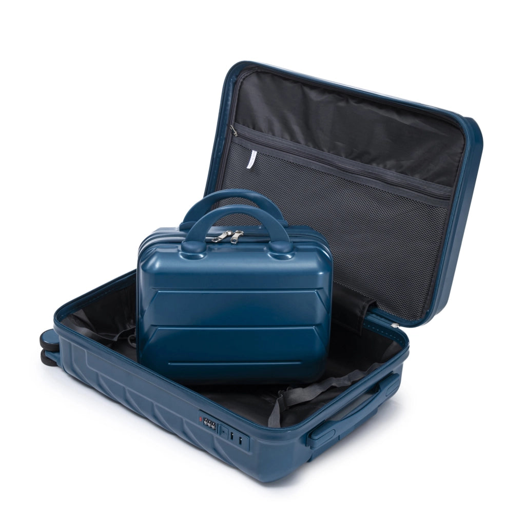Set Valigie Rigide ABS 14" + 19" con Trolley, Lucchetto a Combinazione e Borsa Cosmetici Blu Scuro