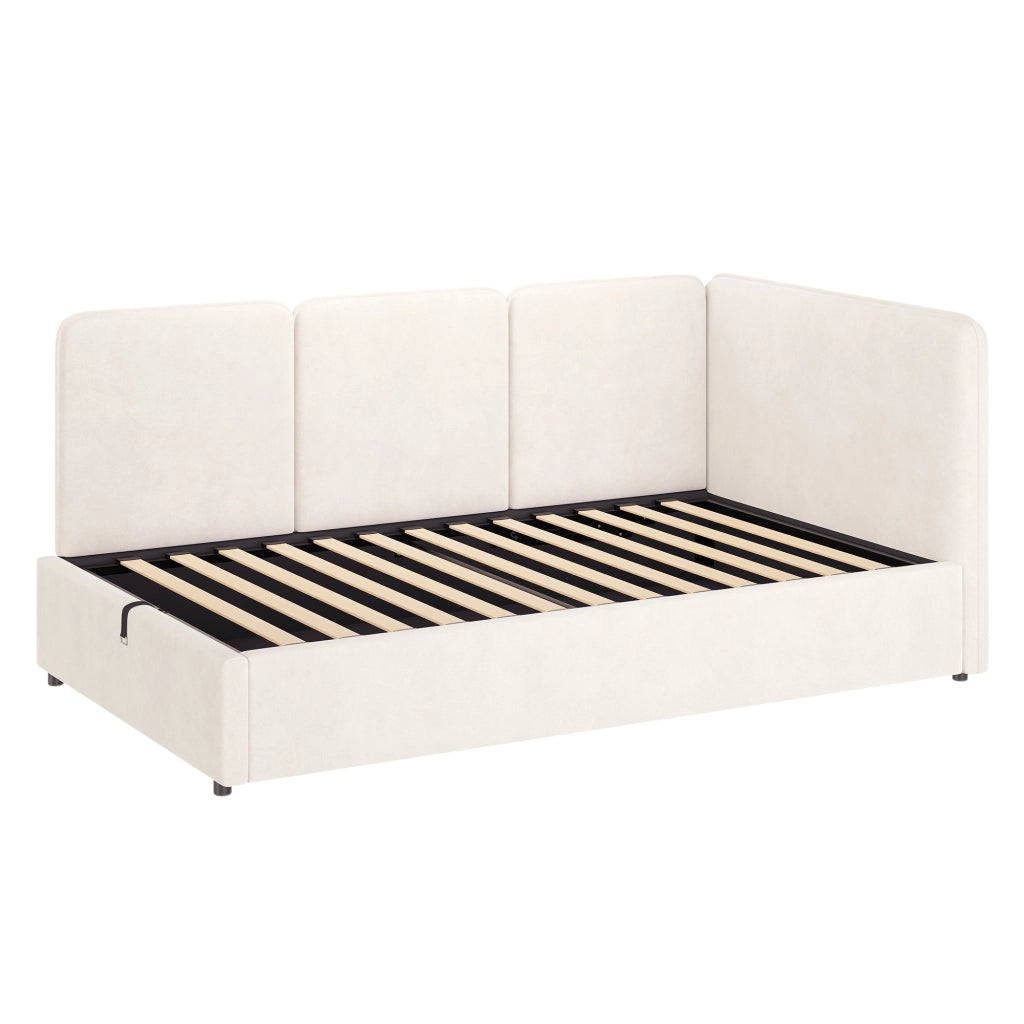 Letto daybed 90x200 cm in velluto beige con contenitore idraulico, testiera imbottita e montaggio reversibile