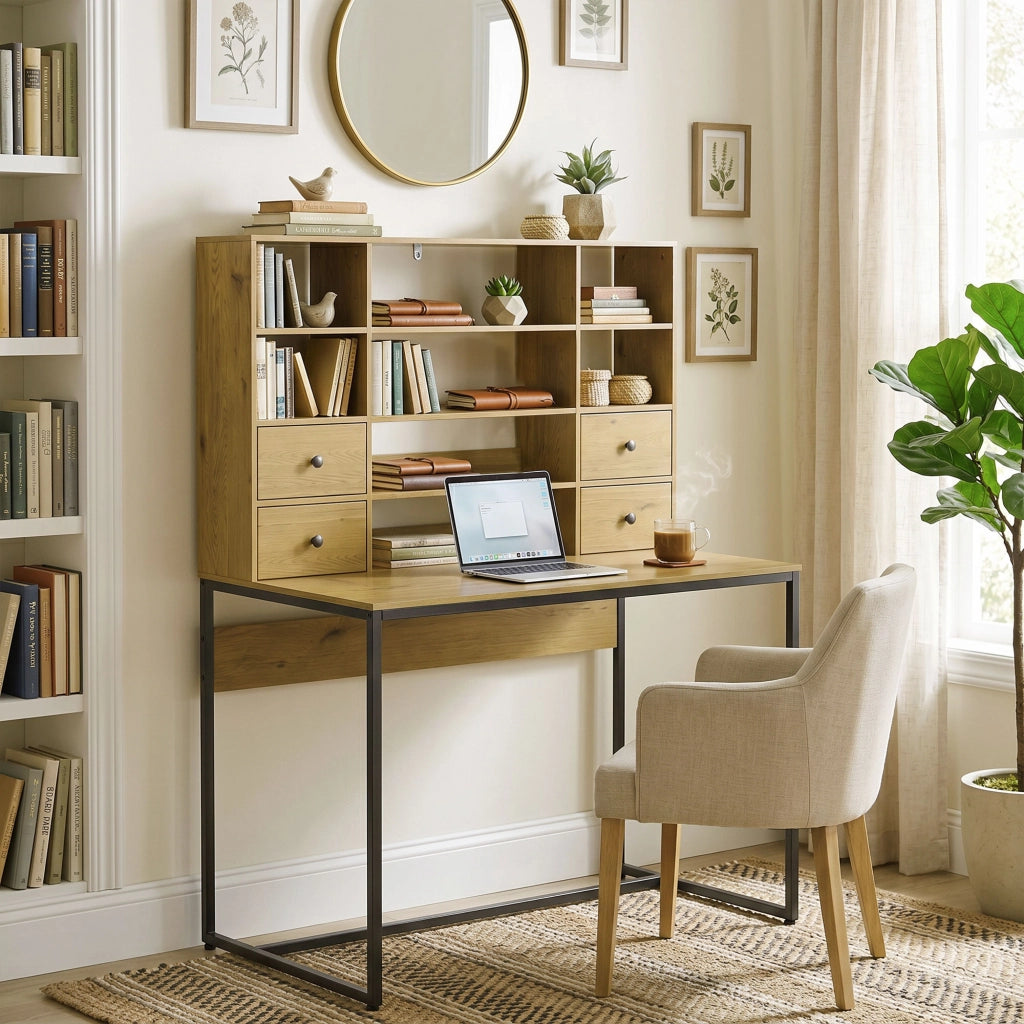 Scrivania computer 105 cm con 4 cassetti e mensole regolabili, colore legno naturale, pratica e salvaspazio per casa e home office