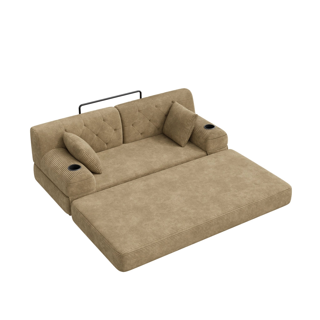Divano letto 2 posti in corduroy con schienale alto, 4 tasche laterali, 2 portabicchieri, struttura in metallo, khaki