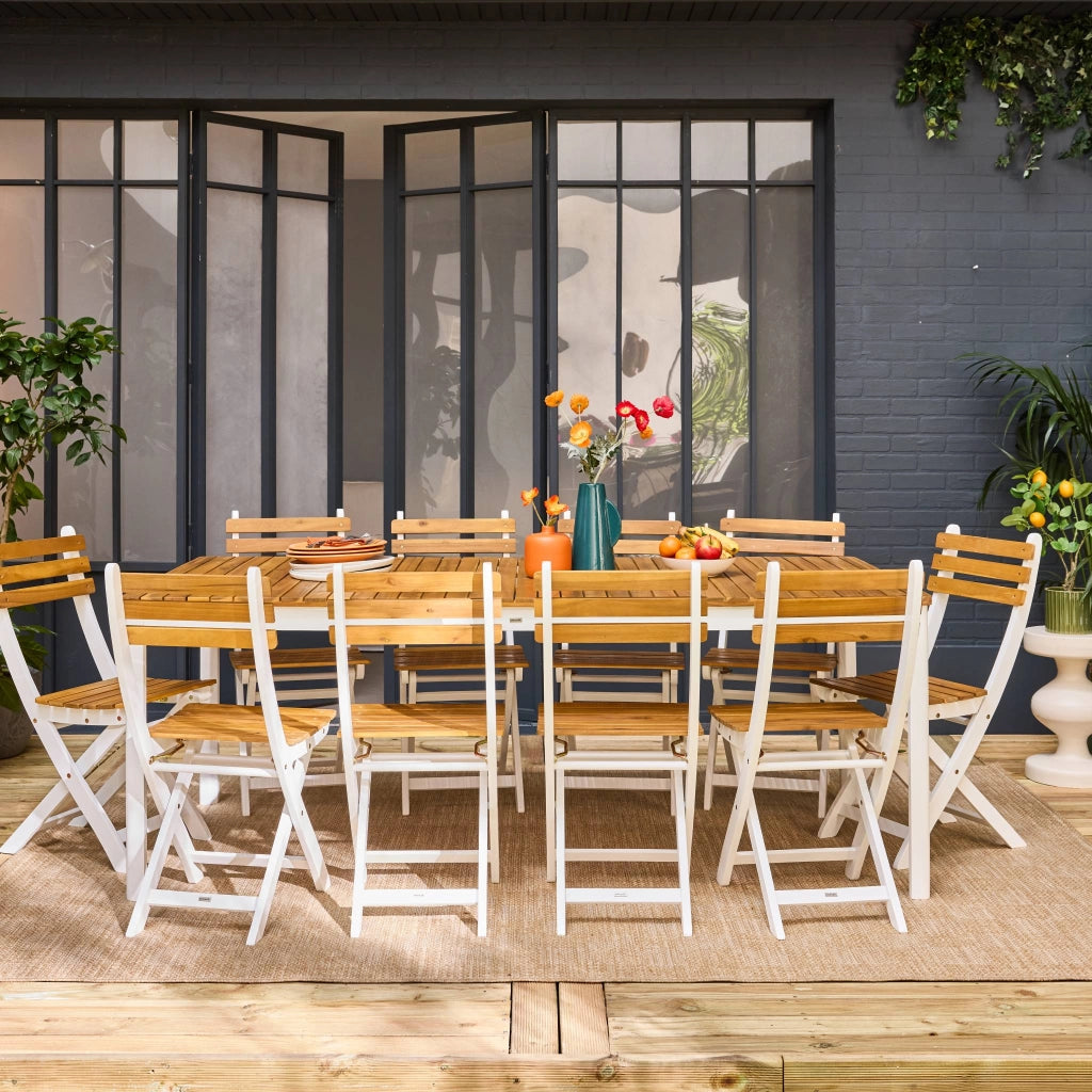 Set tavolo da giardino in acacia con angoli arrotondati con 10 sedie,