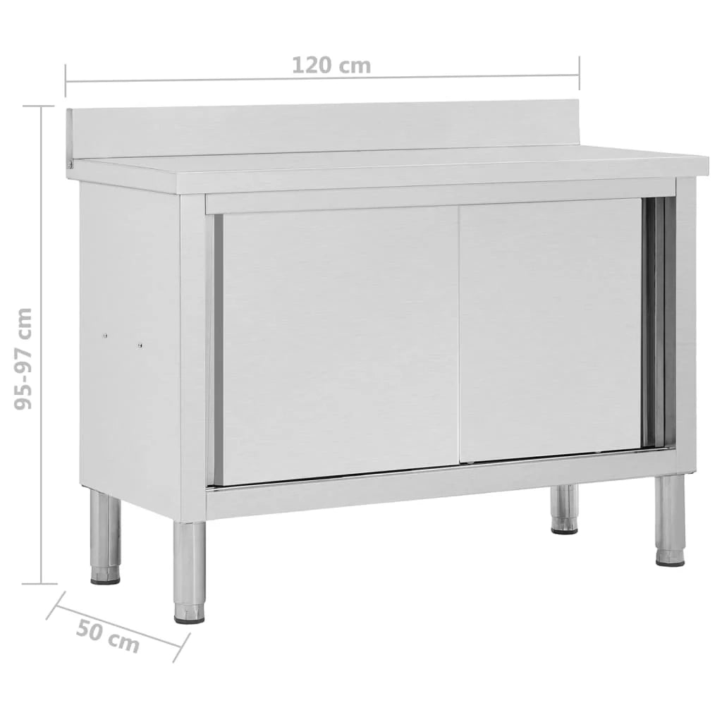 Tavolo da lavoro con ante scorrevoli mobiletto da cucina mobiletto per ristoranti/hotel/mense 120 x 50 x (95-97) cm acciaio inox 02_0001899