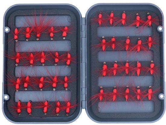 Kit per la pesca con mosche artificiali 40 pezzi - Mosche artificiali rosse per pesca con forello o salmone - Set di attrezzi - Scatola leggera - Lancette artificiali - Pesca con mosche