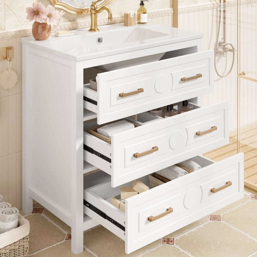 Mobile sottolavabo con 3 cassetti e lavabo in ceramica, finitura laccata, per bagno, bianco, 76,5 × 47 × 82 cm
