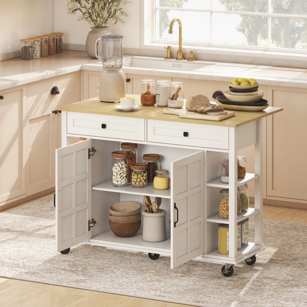 Isola Cucina con Ruote, Piani Pieghevoli, 2 Ante, 2 Cassetti, 6 Ripiani Aperti ¨C Zephmum ¨C Bianco