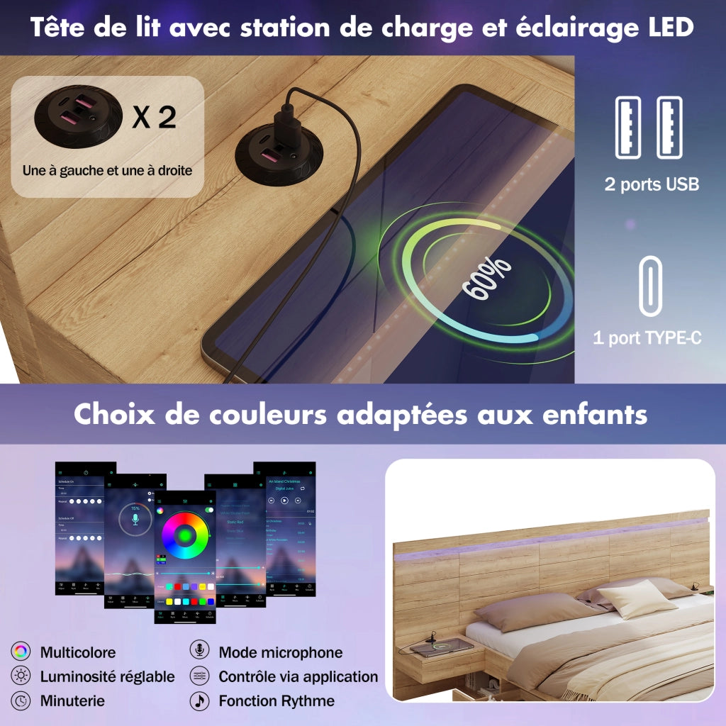 Letto matrimoniale 180 × 200 cm con contenitore, USB e Type-C, LED, 2 comodini integrati, senza materasso, MDF, naturale