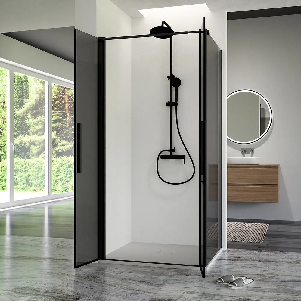 Box doccia 120x70cm con apertura saloon e parete fissa, profili nero opaco e vetro da 6mm fumè h195 | Elba