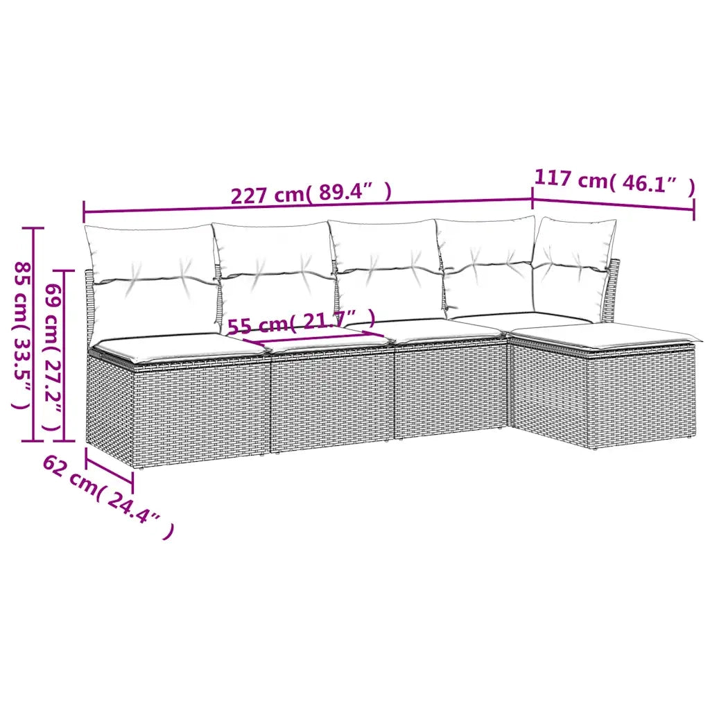 Set Divano da Giardino 5pz con Cuscini Grigio Chiaro Polyrattan