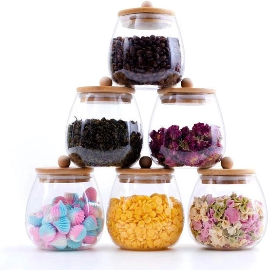 Set di contenitori trasparenti in vetro per alimenti - coperchi aerei in bambù - insieme decorativo per la cucina - caffè, fiori di tè, zucchero, dolci, biscotti, spezie - 20 oz
