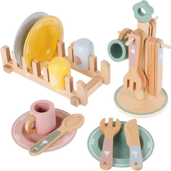 Set di tavola per bambini - giocattolo - utensili da tavola - forchetta in legno - cucchiaio - bicchiere - piatto - standard - giochi di cucina - pentole per bambini - set di giocattoli