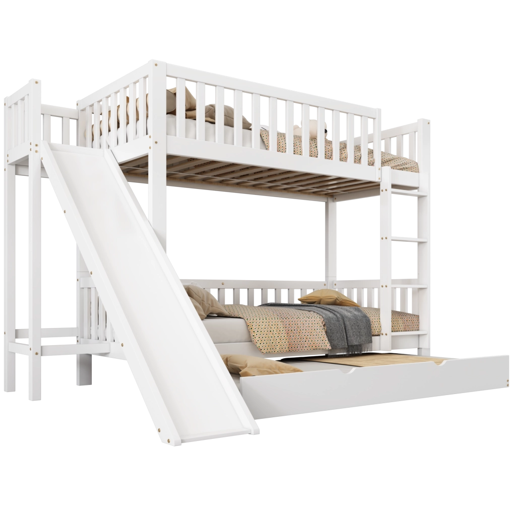 Letto a castello bianco 90x200 cm con letto estraibile, scivolo e scale