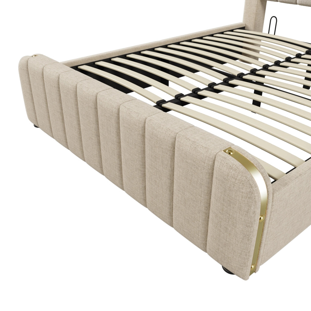 Letto contenitore imbottito 140x190 cm beige con USB e Type-C