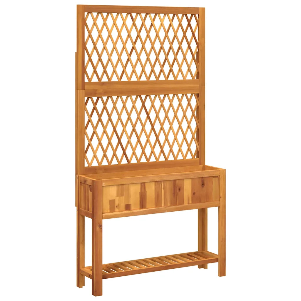 Fioriera con Traliccio-Vaso con Griglia-Fioriera con Supporto per Piante Rampicanti e Ripiano 100x32x185 cm Legno Acacia