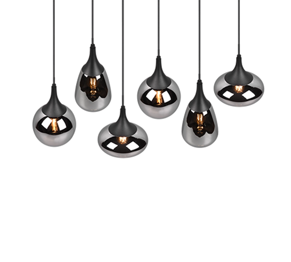 Lampada a sospensione 6 diffusori, metallo, nero e fumé, L 85 cm, Lumina