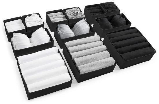 12 x Organizzatore di Cassetti Grande in Nero per Camera da Letto, Organizzatore di Cassetti per Abbigliamento e Vestiti, Soluzione di Archiviazione per Soggiorno