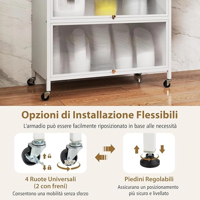 Credenza Alta per Cucina con 6 Ripiani e 4 Ante a Ribalta Traslucide, Mobile Cucina con Ruote e Panello a Ganci, Armadio Cucina Porta Microonde (80 x 40 x 178 cm,Bianco)