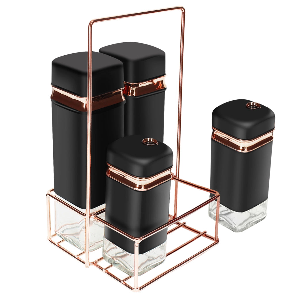 Insieme 4 Vasi per Condimenti con Elegante Supporto in Metallo Solido Nero Cheffinger