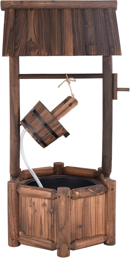 Pozzo da Giardino, Pozzo Decorativo con Pompa Elettrica, in Legno d'Abete, 58,5 x 51 x 117 cm, Marrone (Modello 2)