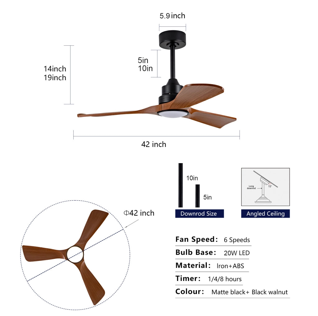 Ventilatore da soffitto 42" con luce LED dimmerabile e telecomando, motore DC silenzioso, pale ABS color noce, per interni ed esterni