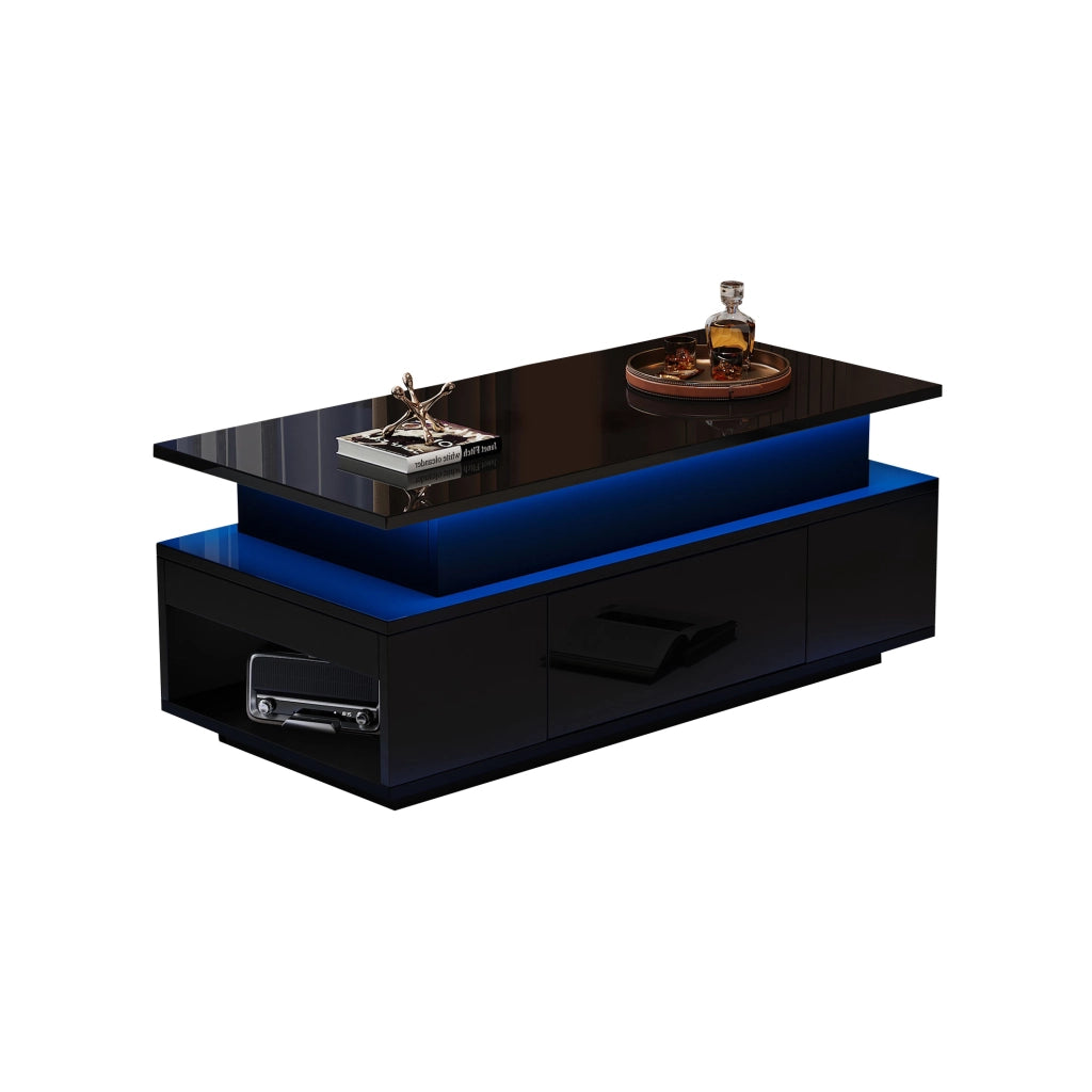 Tavolino da caffè 96x45x40 cm con piano sollevabile; LED e ampio vano contenitore in truciolato nero
