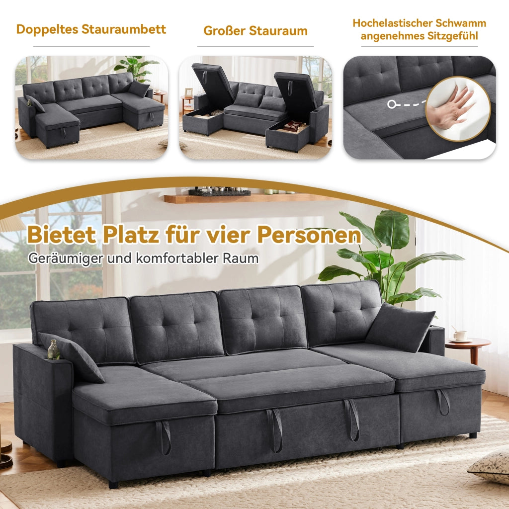 DIVANO LETTO U-form 270x130x86 cm Grigio in tessuto cotone e lino