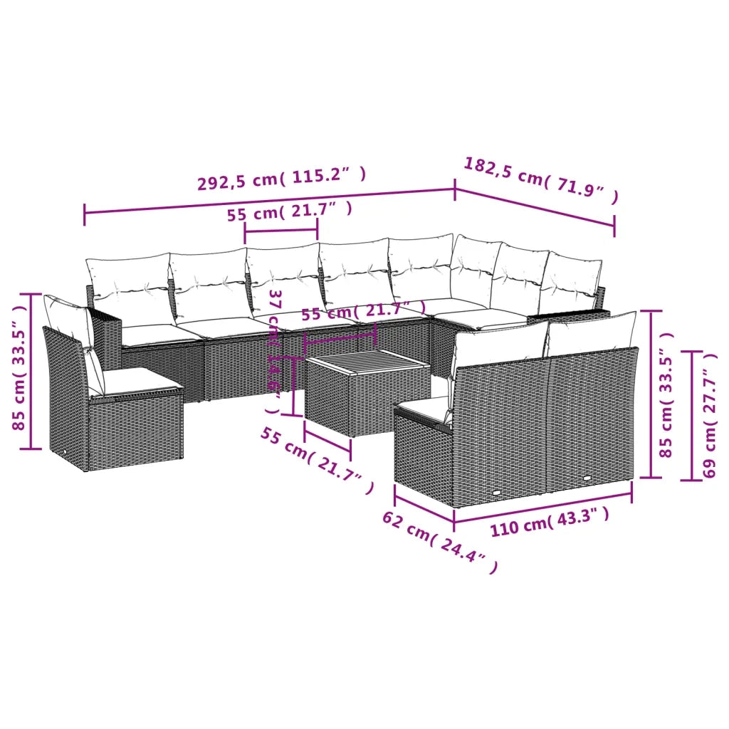 Set Divani da Giardino 11 pz con Cuscini Beige in Polyrattan