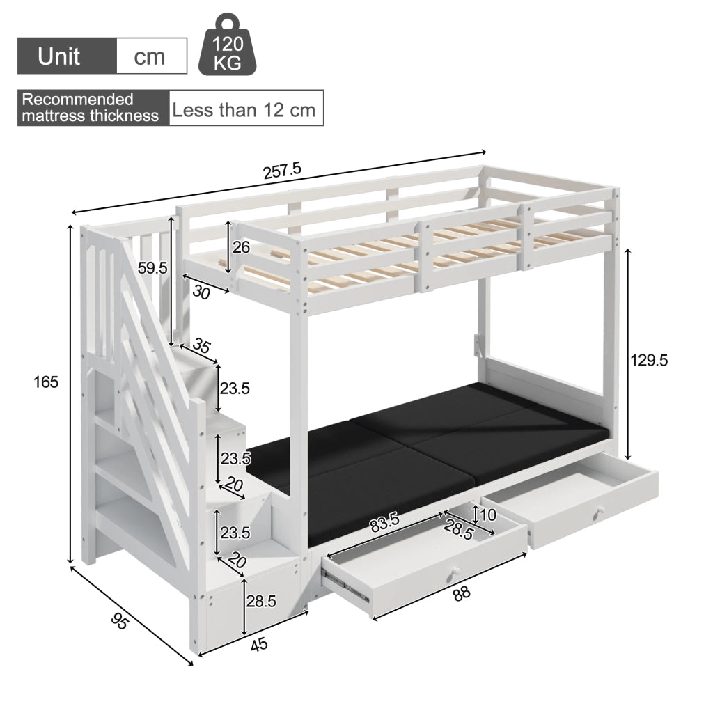 Letto a soppalco 90 × 200 cm con divano regolabile, armadio a scala e 2 cassetti, senza materasso, bianco