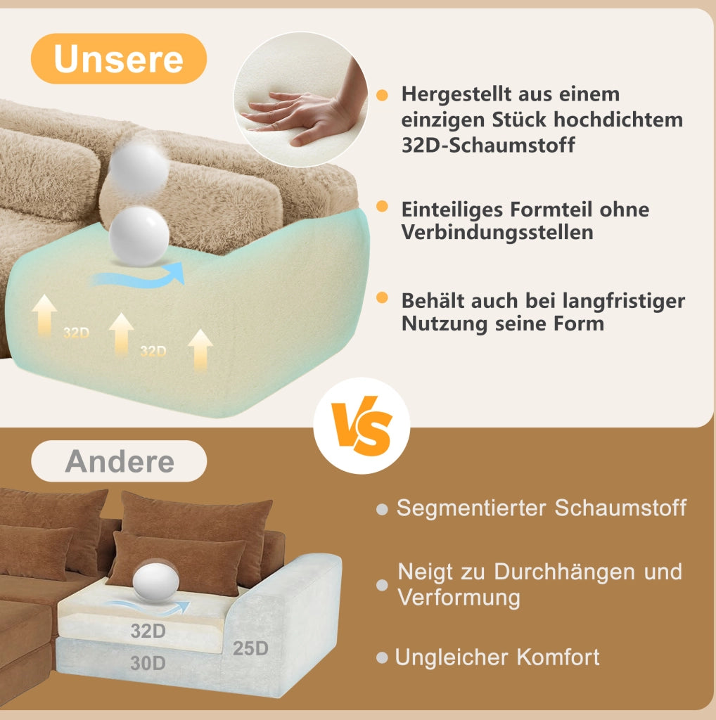 Divano angolare modulare in tessuto effetto peluche; 291x179x73 cm; Light Khaki