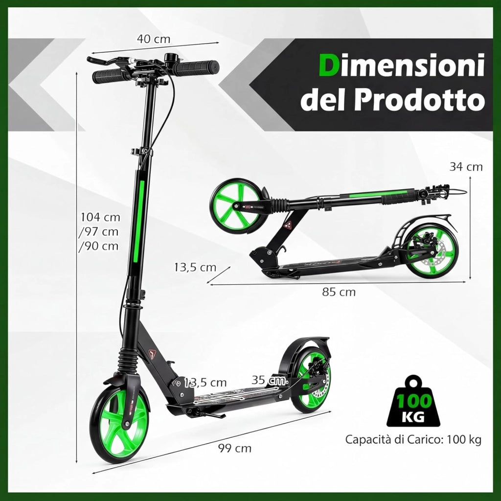 Monopattino Bambini e Adulti, Monopattino a Spinta Pieghevole e Regolabile in 3 Altezze, Monopattino Portatile con 2 Ruote, Cavalletto, Freno e Pedale Antiscivolo, Portata 100 kg