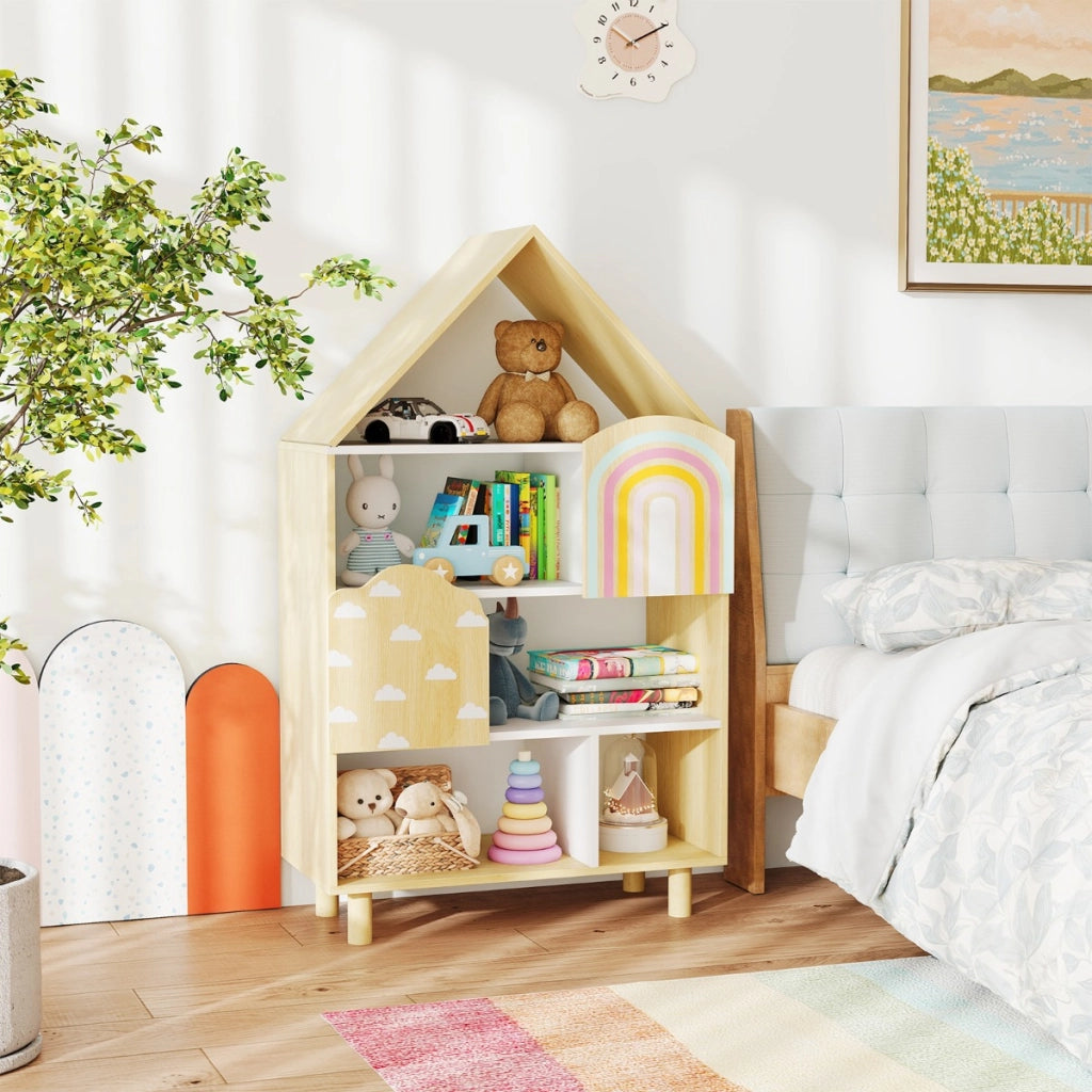 Libretto scaffale per bambini a forma di casa-Libreria per bambini libreria a forma di casa con 2 ante Naturale